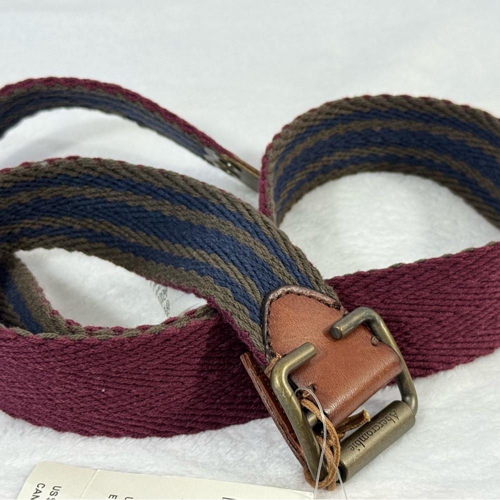 Abercrombie Blue Heather Green Burgundy Cotton Woven Belt Brass Buckle L/XL NWT